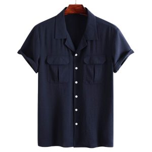 Kemeja Lengan Pendek Open Collar Double Saku - Depan 01